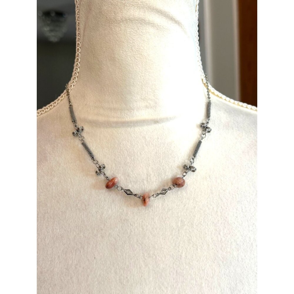 Vintage-Style Silver Chain Necklace With Pink Opal Disk Beads Dainty 18 Inches